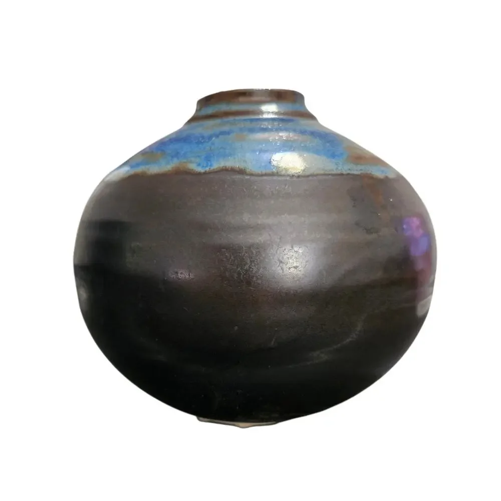 Studio Art Pottery Vase Black Blue Drip Glaze Signed Ceramic Vessel